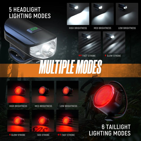 Two Pack 1500LM USB Rechargeable Bike Lights Set Front Headlight And Tail Light Waterproof With 5 Modes Fits Road And Mountain Bikes For Night Rides Everywhere, displaying multiple lighting modes in black and red.