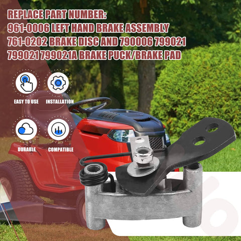 Left Hand Brake Assembly Kit With Brake Disc And 2 Pucks For MTD Murray Troy-Bilt Yard Machines, kit detail in garden setting