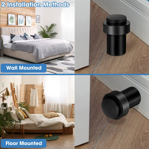 30 Pack Black Stainless Steel Door Stopper Floor Stops Cylindrical Rubber Bumpers for Bottom or Top of Doors, Wall Protector Durable Mounting Holders, Modern Decorative Door Accessories for Home Office and Commercial Use installed.