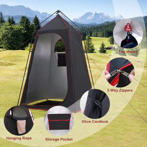 Camping Shower Tent For Privacy On The Go shown with top hooks, 2-way zippers, storage pocket, and hanging rope in outdoor setting