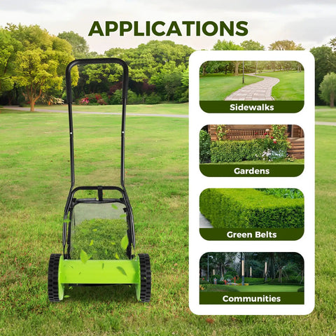 12 Inch Push Reel Lawn Mower With Adjustable Cutting Height From 0.67 To 1.3 Inches And 5 Blade Power For Effortless, Clean Cuts And Quick Yard Maintenance On Weekends in a green park