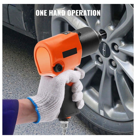 Knuckle Saving Half Inch Air Impact Wrench Generating 880 Ft Lbs Of Raw Torque At 7500 Rpm On An Ultra Light Aluminum Frame in use for tire swaps.