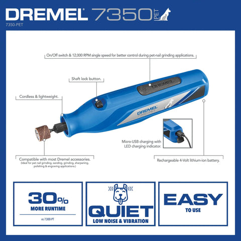 Low Key Quiet Pet Nail Grinder For Dogs And Cats Easy Peasy Paw Trimmer showing cordless design and micro USB charging features.