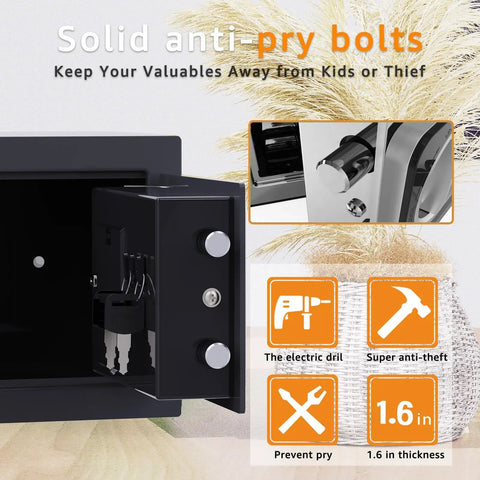 Secure black Compact Home Fireproof Safe Box With Digital Lock Mini Money Safe And Coin Safe shown with open door and lock details.