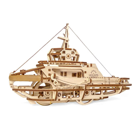 Rubber Band Powered Tugboat Model Kit 3D Wooden DIY Self Assembly Brainteaser With Mechanical Gears And Pendulum Motion, side view