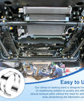 View of undercarriage showing exhaust system with inset of Beefy 3 Inch Stainless Steel Exhaust Clamp For Welding And Exhaust Pipe Repair Universal Fit Rust Resistant 304 Grade Easy Slip On Secure Clip For Auto DIY Projects