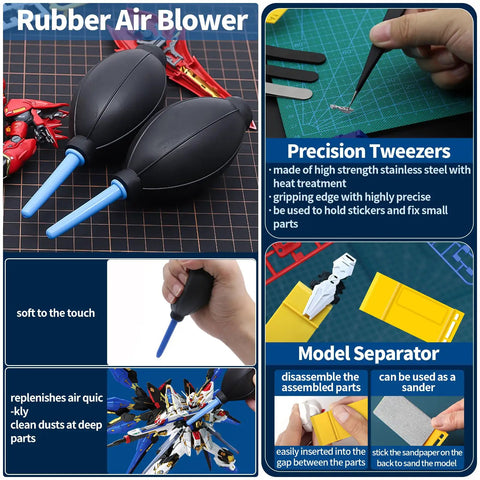 40 Piece Model Tools Kit with rubber air blower and precision tweezers for Gundam building and repair.