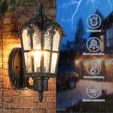 Heavy Hitter 16 Inch Large Outdoor Wall Light Fixtures Built Tough Exterior Metal Lantern Sconces on brick wall, waterproof design.