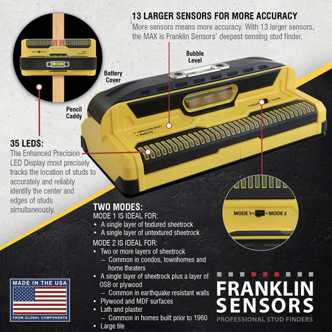 ProSensor MAX 13 Sensor Stud Finder Wall Scanner With Two And A Half Inch Deep Detection And Precision LEDs For Ultra Accurate Fast Wall Scanning For Easy Home Projects yellow stud finder with bubble level