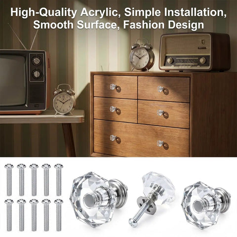 Crystal Clear Acrylic Dresser Knobs 20 Pack Diamond Shape Cabinet Knobs For Dresser Drawers Cupboards Wardrobe Furniture Pulls Handles Kitchen And Bath Decor Sparkly And Durable featuring installed on wooden furniture with screws displayed.