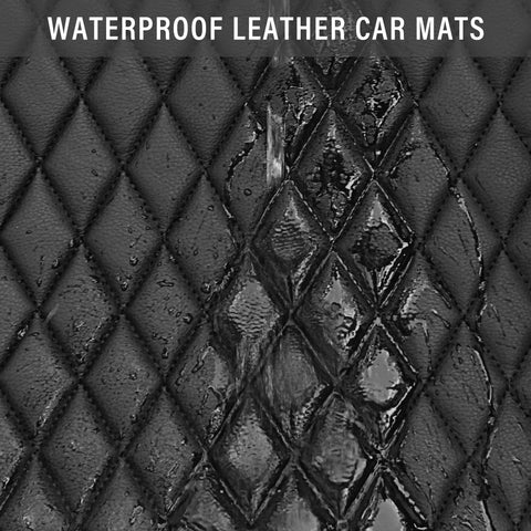 Waterproof diamond-patterned leather car mats surface showing water beads, Premium Bling Diamond Leather Car Mats With Sparkly Rhinestone Edges Anti Slip Waterproof Universal Fit For Daily Drive Dope Ride Flex In Black Silver.