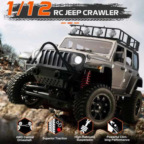 1/12 Scale RC Crawler MN128 4x4 Off Road Jeep Truck With Realistic Body, Durable Build, featuring LED lights, shown in rocky terrain