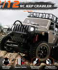 1/12 Scale RC Rock Crawler Wrangeler Style Jeep Pickup 4x4 with 2.4GHz remote on rocky terrain, detailed suspension and lights