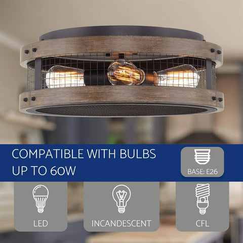 Cooper 18 Inch Farmhouse Flush Mount Ceiling Light With Walnut Wood Finish And Textured Black Metal Cage, four-light fixture