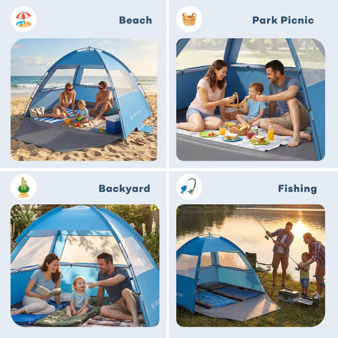 Beach Tent Sun Shelter For 3 4 6 8 People UPF 50 UV Protection Cabana Shade Tent Lightweight No Fuss Easy Setup Portable for outdoor activities.