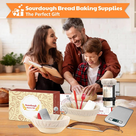 Family baking with Complete Sourdough Baking Kit With Scale And Banneton Proving Baskets, perfect for beginners.