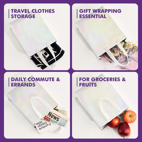 Iridescent Gift Bags With Handles 8x4x10 Inch Holographic Reusable Gift Bags Medium Size Blingy For Birthday Parties Christmas Weddings Holidays Valentines And Party Favors used for various purposes like travel storage, gift wrapping, commuting and groceries.