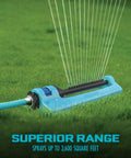 Oscillating Sprinkler With Adjustable Spray And 16 Clog Resistant Nozzles Metal Base For Up To 3600 Sq Ft Coverage