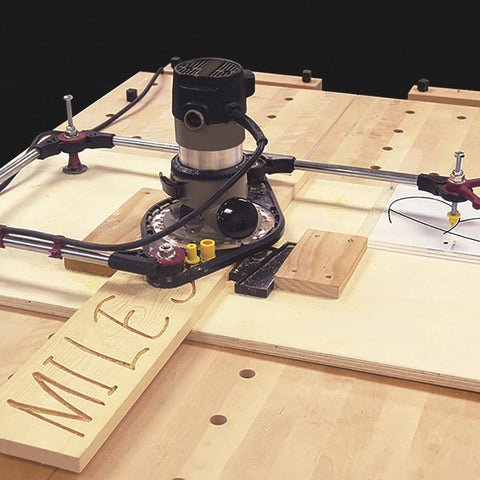 Pantograph Pro Router Jig For Custom Signs And Template Routing With TurnLock Base Plate in action on a wooden board
