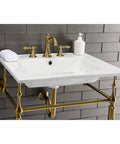 American Classic Widespread Lavatory Faucet In Naples Bronze, 5-5/16 Inch Spout Reach, installed on a white basin