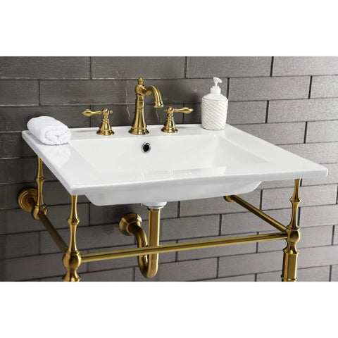 American Classic Widespread Lavatory Faucet In Naples Bronze, 5-5/16 Inch Spout Reach, installed on a white basin