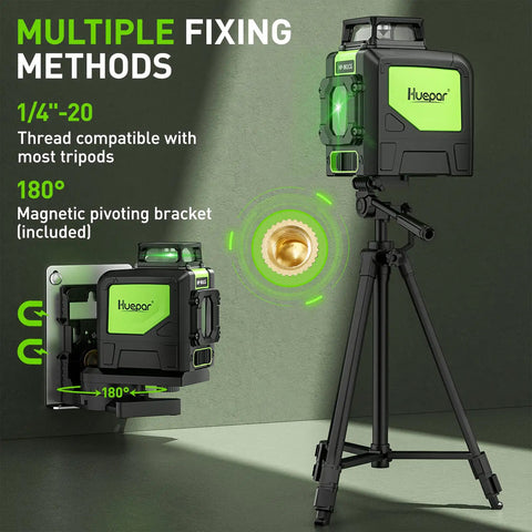 Self Leveling Laser Level With 360 Green Beam Cross Line, on tripod showing magnetic pivoting base for room alignment