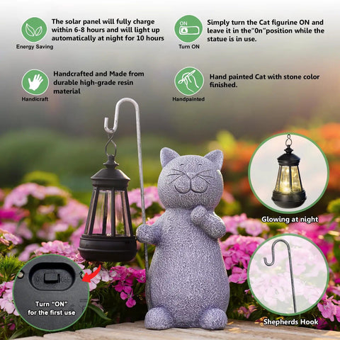 Solar Powered Cat Garden Statue With Warm Glow Lantern made of weatherproof resin, showcasing energy saving features in a garden setting.