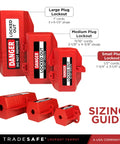 Industrial Grade Lockout Tagout Plug Lock For 110 To 125V Electrical Safety Boss Level Safety Nonconductive Polypropylene Lockout Device Fits Up To 1-3/4 Inch Diameter Plugs Includes Two Cord Holes One Half Inch Diameter, sizing guide with three red lockout sizes