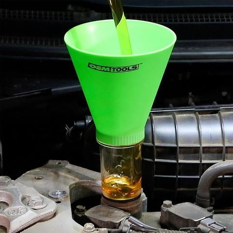 No Spill Oil Funnel Kit With 8 Attachments And Transparent Chamber for easy oil changes in engine bay scene