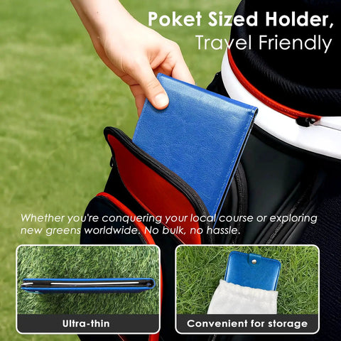 Magnetic Golf Scorecard Holder With Premium Leather All In One Design Blue Slim Back Pocket Carry Universal Fit For Most Scorecards Grab And Go Golf Bag Accessory With Secure Magnetic Attachment