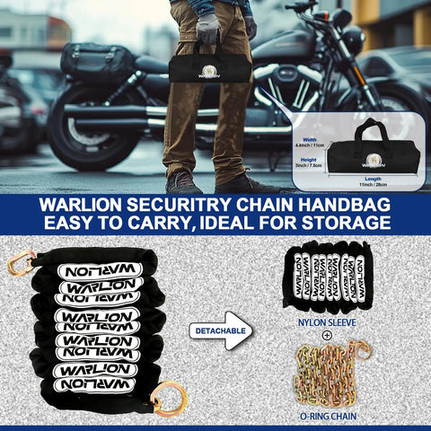 Heavy Duty Security Chain For Motorcycles ATVs Ebikes And Generators, Built To Last Ten Foot By Three Eighths Inch with cinch ring, displayed with biker holding chain bag.