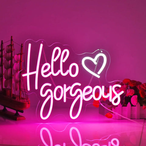 Pink Neon Sign For Wall Decor Reusable LED Light Sign With Dimmable Switch Party Ready For Bachelorette Parties Engagement Parties Weddings And Birthday Celebrations USB Powered Flexible Silicone LED Strip On Clear Acrylic Board 17 By 12 Inches with 'Hello Gorgeous' text