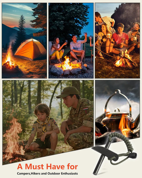 Flint And Steel Fire Starter With Paracord Handle And Thick Striker 4 Inch Ferro Rod Waterproof Survival Tool for camping scene.