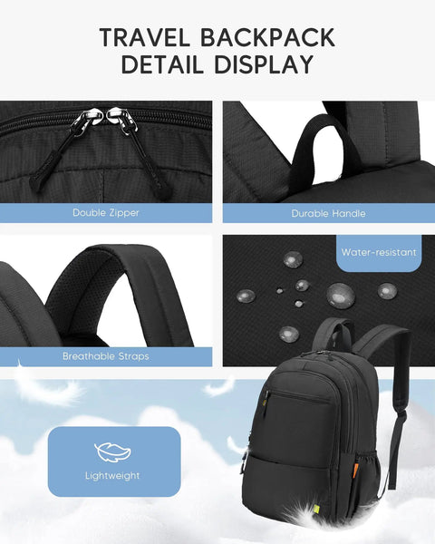 Detail view of Underseat Personal Item Backpack For Travel And College Carry On Flight Approved By Ryanair Lightweight Waterproof Bookbag 16 By 8 By 10 Inches Underseat Duffle Style Black showcasing zippers, handle, and straps.
