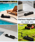 Outdoor Power Strip 6 Ft IPX4 Waterproof Surge Protector displayed in use by swimming pool, kitchen, bathroom, and garden for versatility.
