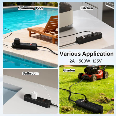 Outdoor Power Strip 6 Ft IPX4 Waterproof Surge Protector displayed in use by swimming pool, kitchen, bathroom, and garden for versatility.