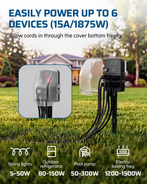Top Notch Outdoor Power Stake Timer With Waterproof Shell And Automatic Dusk To Dawn Scheduling Delivers Six Grounded Outlets for powering multiple devices.