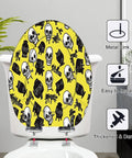 Elongated Toilet Seat for Bathroom featuring a skull design, yellow background, metal hinges, easy to install.