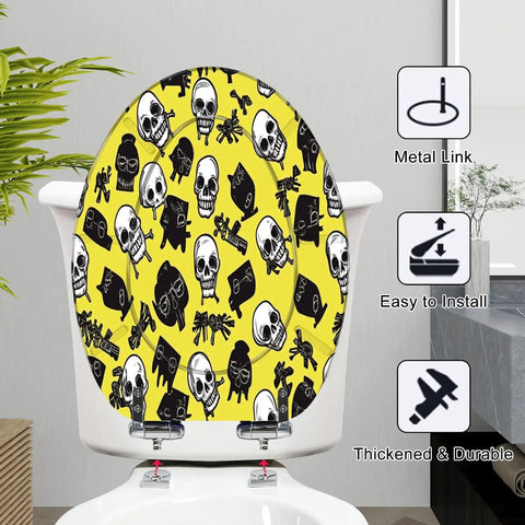 Elongated Toilet Seat for Bathroom featuring a skull design, yellow background, metal hinges, easy to install.