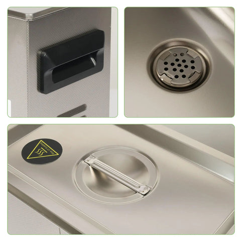 Close-up of Pro Grade 3 Liter Digital Ultrasonic Cleaner features, including handle, drain, and lid design.