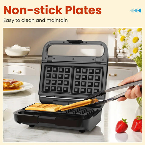Royalcraft 3-in-1 Electric Sandwich Maker & Waffle Grill with non-stick plates, easy to clean, black, in kitchen setting.