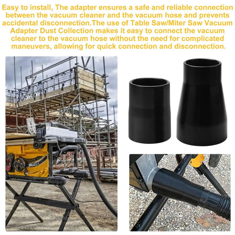 Table Saw Vacuum Adapter And Miter Saw Vacuum Adapter Kit For Dust Collection shown in use on site and close-up view.