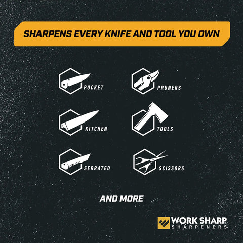 Graphic showing types of knives and tools sharpened by Mk2 Professional Electric Knife And Tool Sharpener with Adjustable Sharpening System.