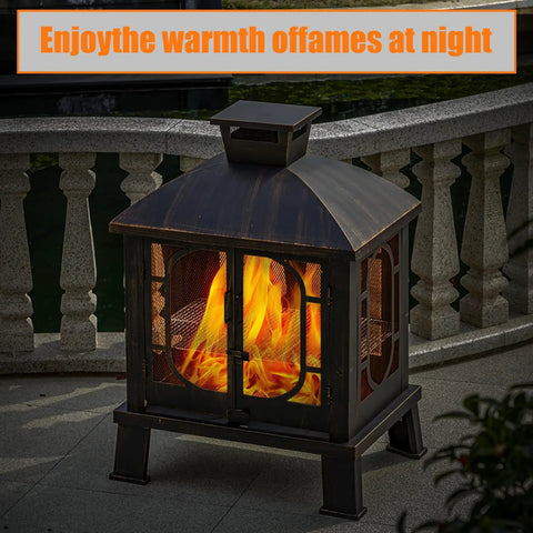 45 Inch High Metal Chiminea Fire Pit With Grill 2 In 1 Bonfire And BBQ Outdoor Wood Burning Fireplace, lit at night
