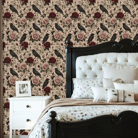 Peel And Stick Wallpaper Featuring Crow And Floral Design Self Adhesive Wallcovering For Fast Room Refresh in bedroom setting.