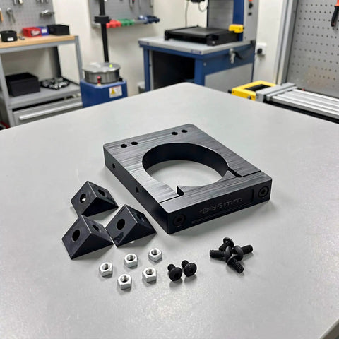 Solid CNC Motor Mounting Bracket For Spindle 65mm Engraving Machine Stand with clamp and hardware components on workbench.
