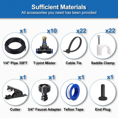 Outdoor Fan Misting Kit 35Ft For Patio And Deck Cooling includes T-joint misters, hose, cable ties, clamps, cutter, adapter, tape, plug.