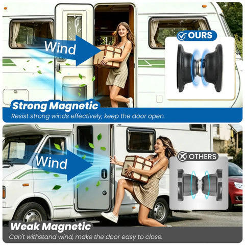 Illustration showing RV Magnetic Door Catch Kit for Camper, Trailer, and Motor Home Weather Resistant Door Holder in use.