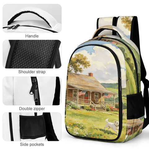 Puppy Watercolor Printed Backpack Unisex Large Capacity Go-To Everyday Carry Bag With Durable Polyester Fabric, showing a house scene.