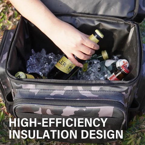 Hand reaching into integrated cooler of All In One Fishing Tackle Backpack With Integrated Cooler Bag 53L Waterproof Gear.